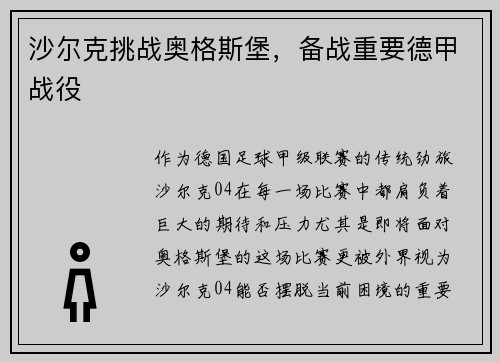 沙尔克挑战奥格斯堡，备战重要德甲战役